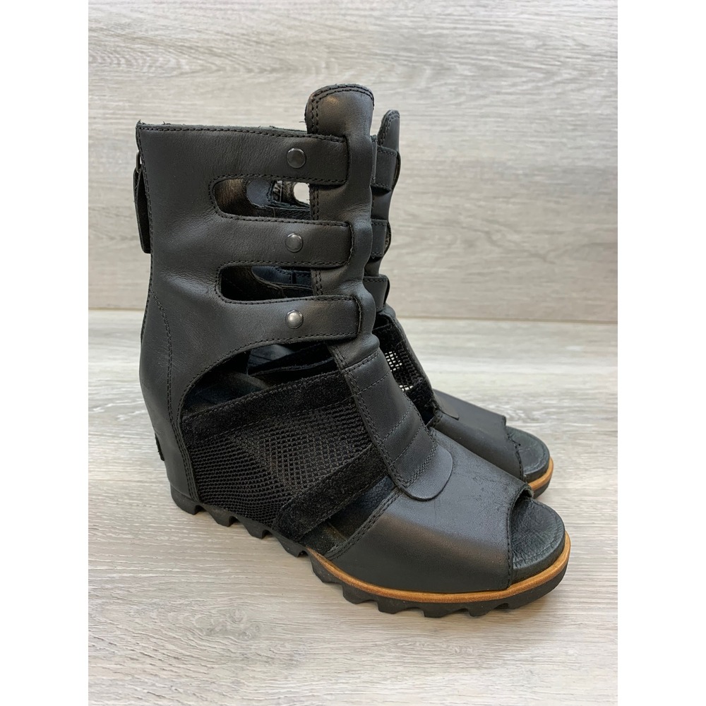 Sorel Women's Black Leather Mesh Gladiator Wedge Sandals Boots 6 Casual Shoes